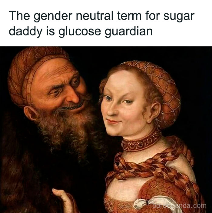 Old painting humor with modern captions showing a man and woman with a witty gender neutral term joke.