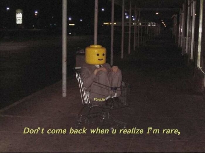 Person with a LEGO head sitting in a shopping cart at night, part of confusing images where things only get weirder.
