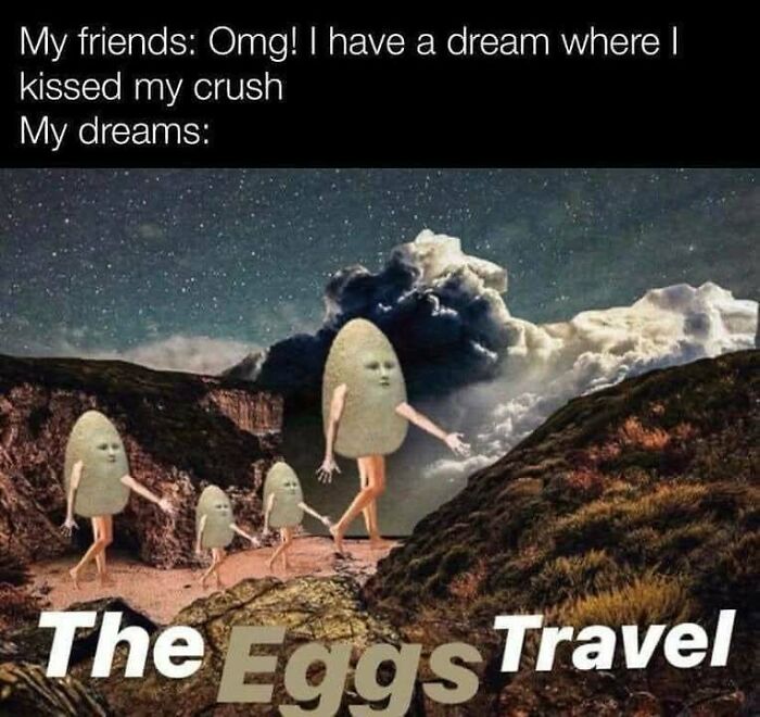 Surreal image of walking anthropomorphic eggs in a rocky landscape, showcasing confusing images where things get weirder.