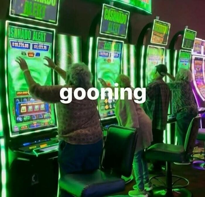 Elderly people reaching toward glowing slot machines in a casino, creating confusing images where things only get weirder