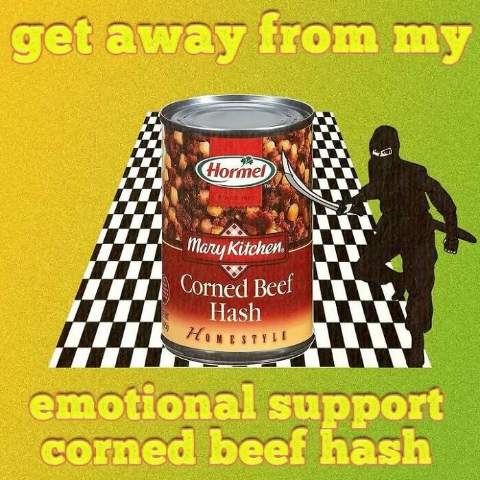 Confusing image featuring a can of corned beef hash with a ninja and checkerboard pattern background.