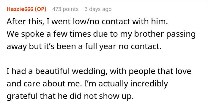 Text post from a social media thread discussing bride&rsquo;s father refusing to attend wedding not on American soil.