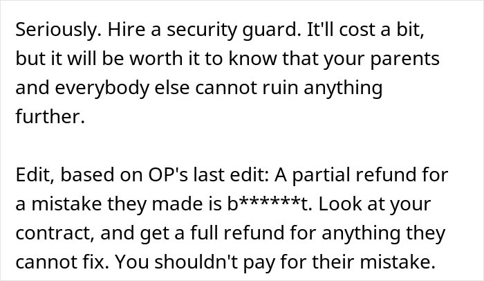 Text advice about hiring a security guard to prevent parents from sabotaging a wedding days before the ceremony.