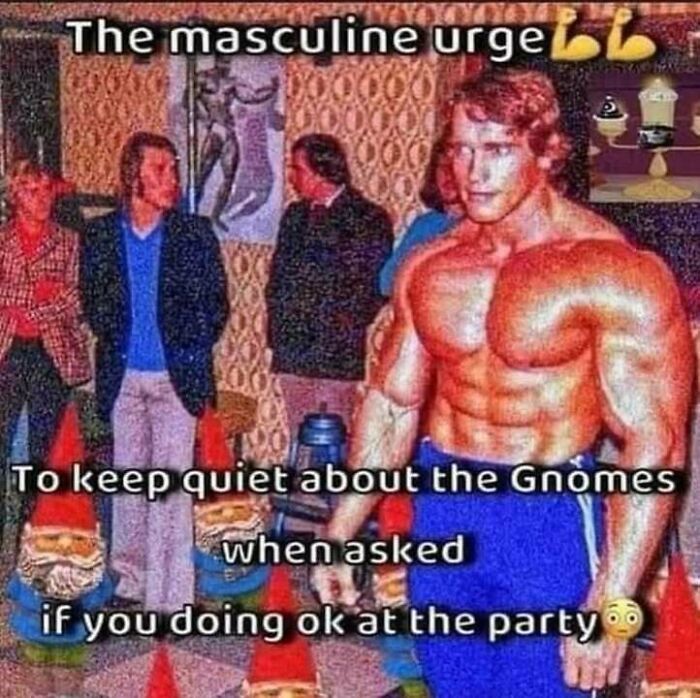 Muscular man at a party with gnome figures and people in retro clothing in a confusing, surreal scene.