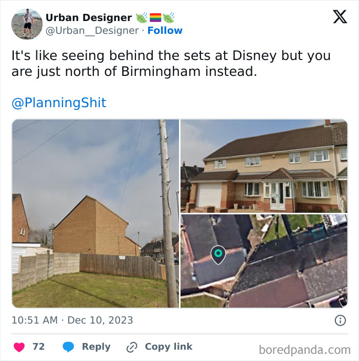 Design and architecture nightmare showing a house with a window blocked by a neighboring building.