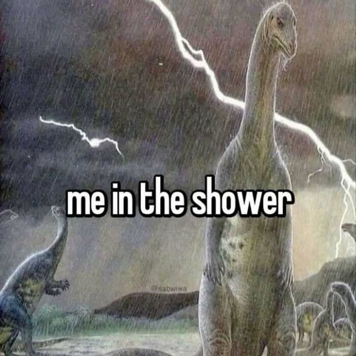 Confusing image of dinosaurs in the rain with lightning illustrating a humorous moment in the shower.