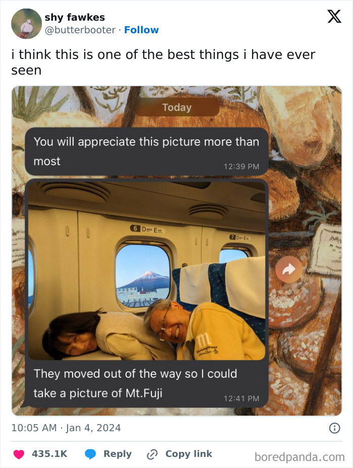 Two strangers smiling on a train, moved to reveal a clear view of Mount Fuji, showcasing kindness and faith in humanity restored.