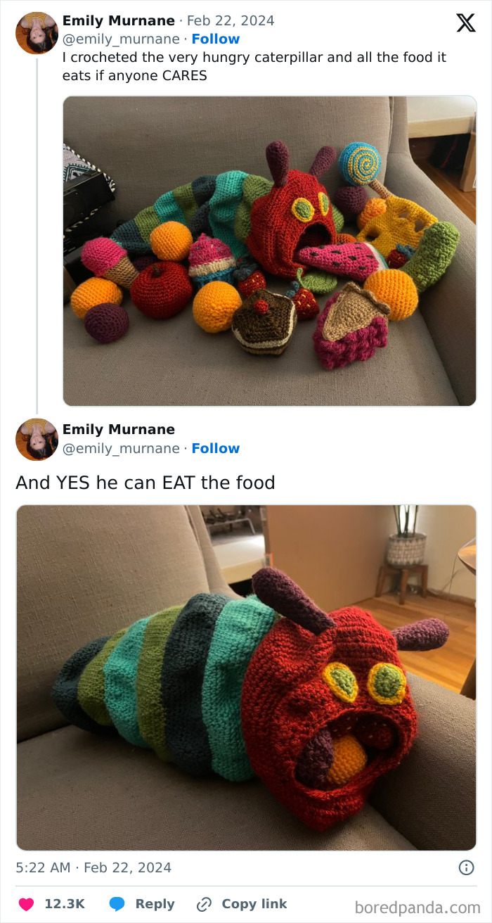 Crocheted very hungry caterpillar toy with food accessories, one of the weirdest purchases people would make in a heartbeat.