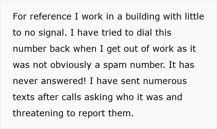 Text message describing attempts to call back a mystery number that never answered, suspected as spam calls. Text message describing attempts to call back a mystery number that never answered, suspected as spam calls.