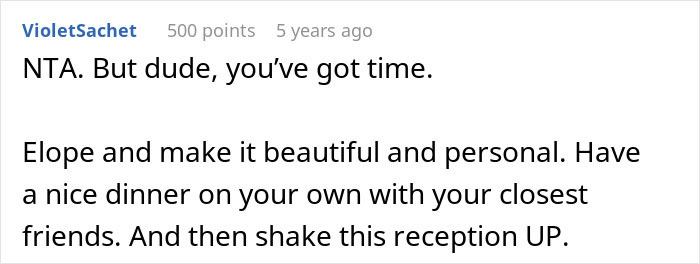 Screenshot of a Reddit comment advising a couple on their wedding sabotage by parents, suggesting eloping and making it personal.