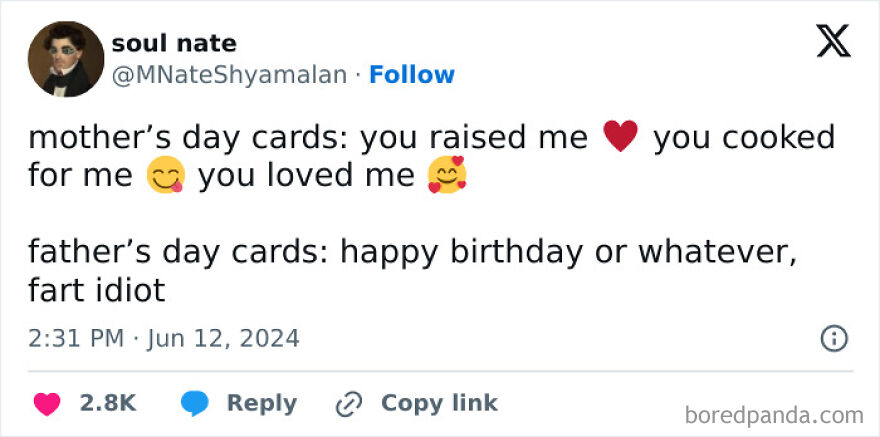 Tweet humor about fathers and mothers day cards highlighting typical dad jokes in memes and jokes about dads.