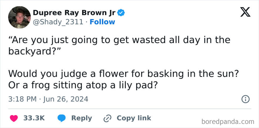 Tweet showing a dad joke about getting wasted in the backyard, illustrating typical dad humor in memes and jokes.