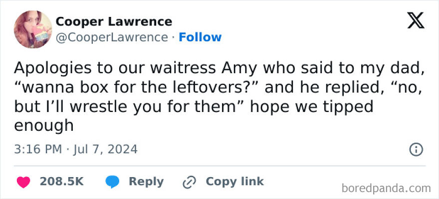 Tweet showing a dad joke about wrestling leftovers, highlighting dad humor and memes about dads being the same person.