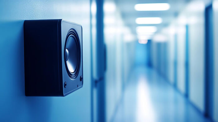 Speaker mounted on a wall in a dimly lit hospital hallway, evoking scary ghost stories hospital work atmosphere.