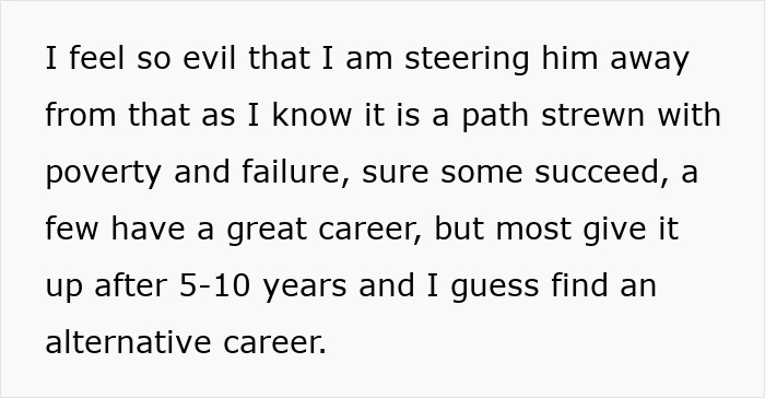 Person feeling conflicted about steering son’s career away from dreams toward a more stable alternative path. Person feeling conflicted about steering son’s career away from dreams toward a more stable alternative path.