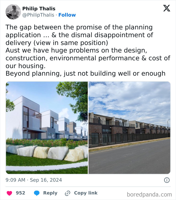 Comparison of architectural design promises versus disappointing construction results highlighting design and architecture nightmares.