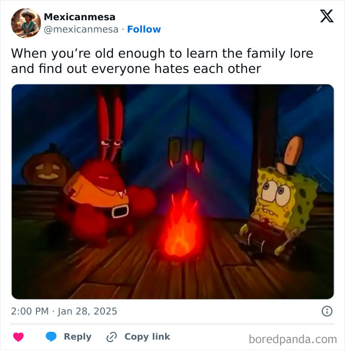Spongebob and Mr. Krabs by a fire in a dark room, a funny and relatable TV meme about family lore.