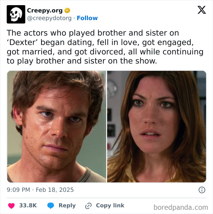 Funny and relatable TV memes about actors who played siblings on Dexter dating, marrying, and divorcing off-screen.