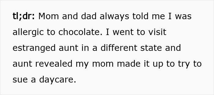 Text explaining parents lied about food allergies to daughter causing family no contact and estrangement from aunt.
