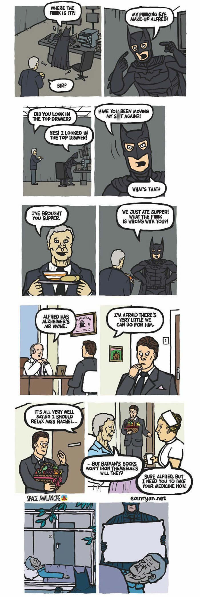 Darkly funny Space Avalanche comic showing Batman’s quirky moments with Alfred in a peculiar humor style.