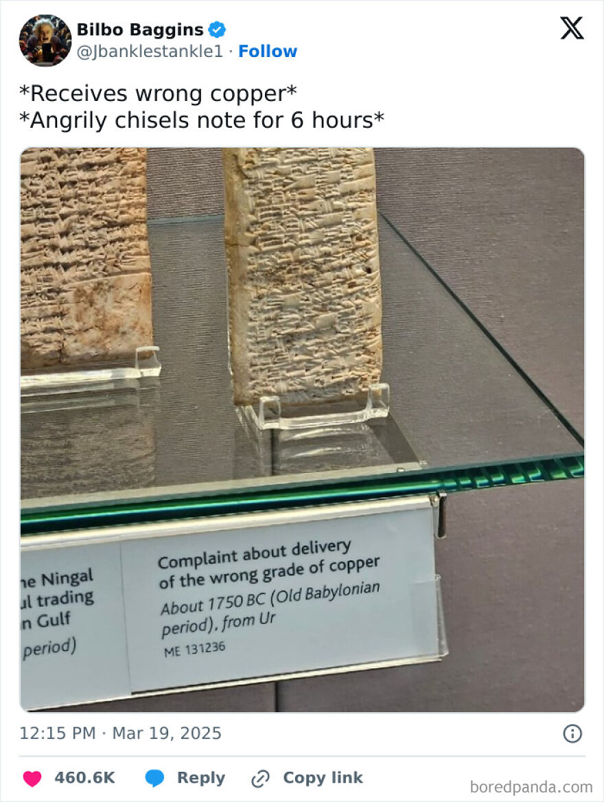 Ancient Old Babylonian clay tablet complaint about wrong grade of copper, showcasing vintage dad humor memes and jokes.