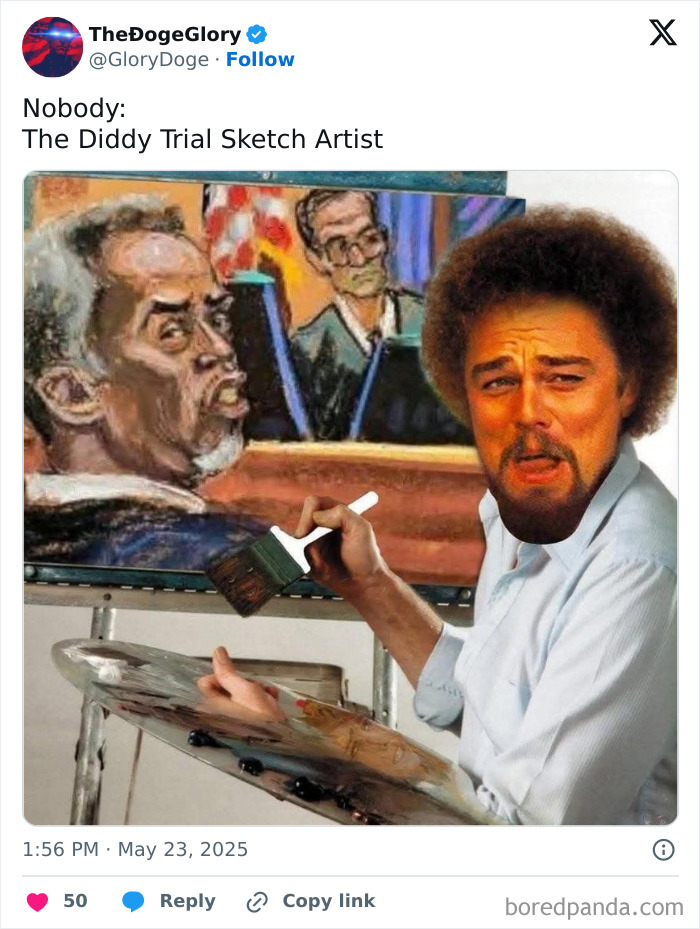 Man with edited face resembling Bob Ross painting a court sketch, humorous TV memes about trial artist creativity.