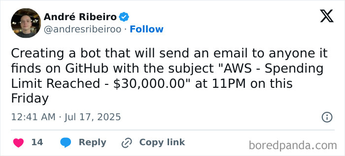 Tweet showing a programmer joking about creating a bot to email GitHub users about AWS spending limits reached.