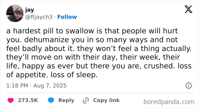 Screenshot of a tweet about emotional pain and dehumanization reflecting dystopic aspects of society in 2025.