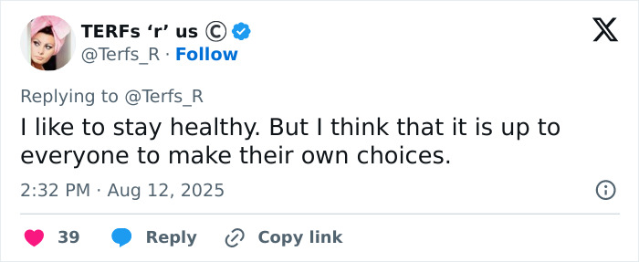 Tweet from TERFs ârâ us stating a personal opinion on health and choices amid Nelly Furtado quitting music body-shaming discussion. Tweet from TERFs ârâ us stating a personal opinion on health and choices amid Nelly Furtado quitting music body-shaming discussion.