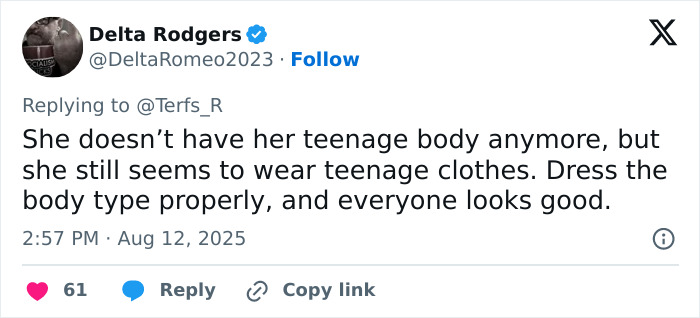 Tweet by Delta Rodgers discussing body-shaming and clothing choices amid Nelly Furtado quitting music controversy. Tweet by Delta Rodgers discussing body-shaming and clothing choices amid Nelly Furtado quitting music controversy.