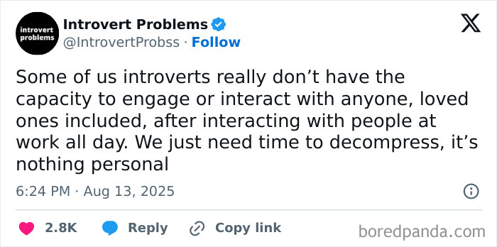Tweet about introverts needing time to decompress after socializing, highlighting the challenge of engaging with others all day.