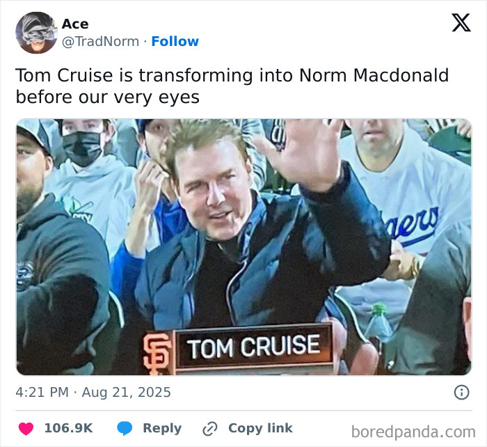 Tweet about Tom Cruise transforming into Norm Macdonald with a humorous TV memes theme in a crowded sports event setting.