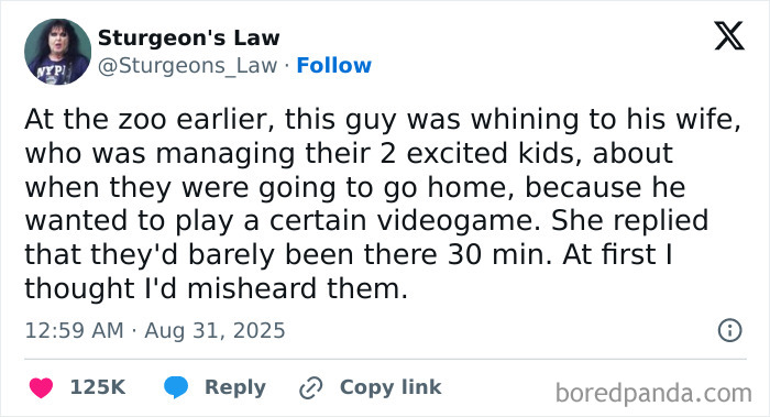 Tweet showing a man at the zoo upset about leaving early to play videogames, highlighting dystopic society behavior.