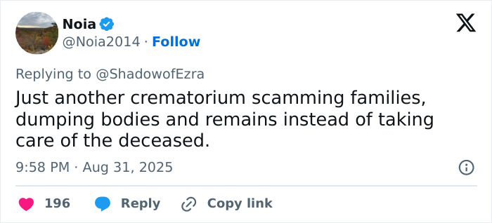 Tweet discussing crematorium scamming families by dumping human remains instead of properly caring for the deceased. Tweet discussing crematorium scamming families by dumping human remains instead of properly caring for the deceased.