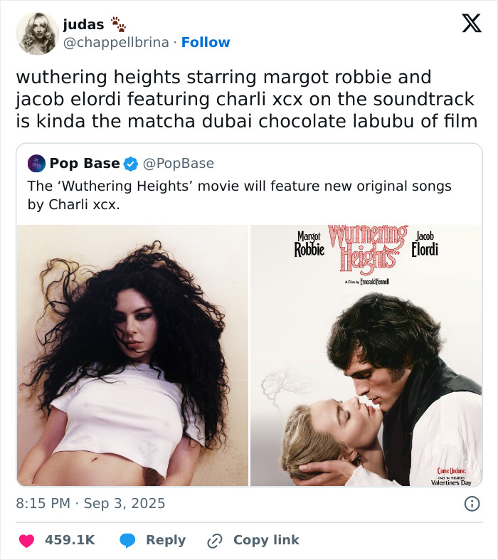 Alt text: Two images promoting Margot Robbie’s provocative Wuthering Heights movie with Jacob Elordi, featuring a moody soundtrack. Alt text: Two images promoting Margot Robbie’s provocative Wuthering Heights movie with Jacob Elordi, featuring a moody soundtrack.