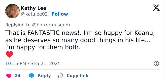 User comment expressing happiness for Keanu Reeves regarding Alexandra Grant marriage rumors breaking silence online. User comment expressing happiness for Keanu Reeves regarding Alexandra Grant marriage rumors breaking silence online.