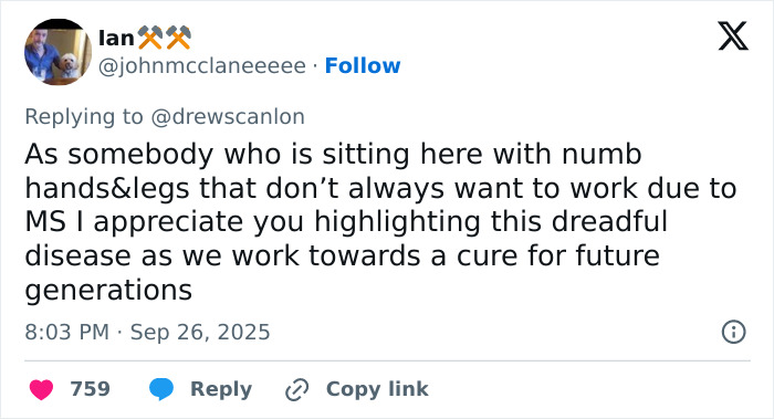 Tweet from Ian sharing appreciation for raising awareness about MS, highlighting the man behind blinking guy GIF now unrecognizable. Tweet from Ian sharing appreciation for raising awareness about MS, highlighting the man behind blinking guy GIF now unrecognizable.