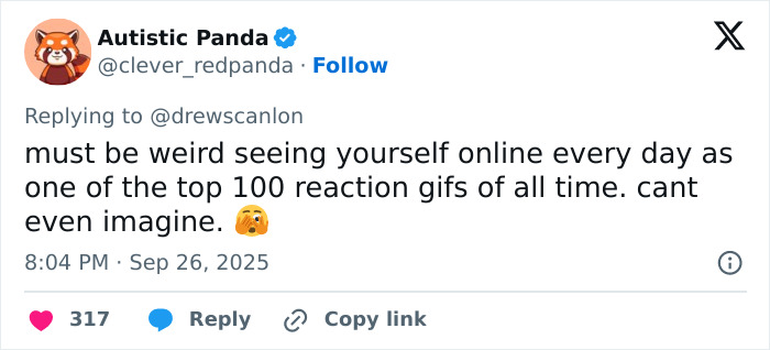 Tweet discussing the man behind blinking guy GIF and his reaction to being an internet star years later. Tweet discussing the man behind blinking guy GIF and his reaction to being an internet star years later.