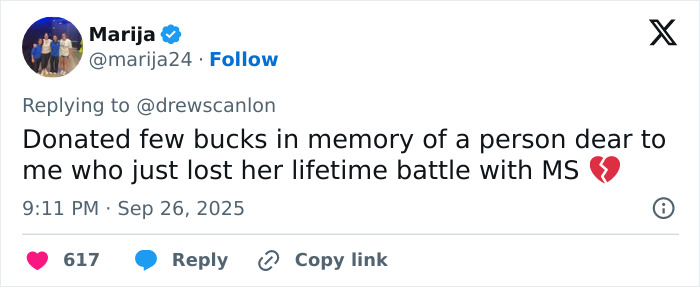 Tweet expressing donation in memory of a loved one lost to MS, shared on social media by Marija. Tweet expressing donation in memory of a loved one lost to MS, shared on social media by Marija.