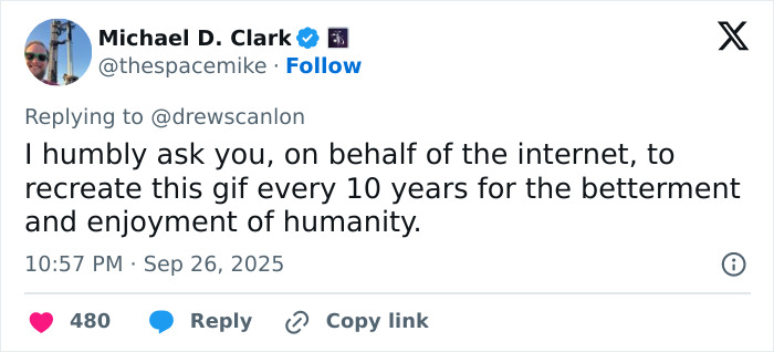 Tweet from Michael D. Clark humorously requesting the recreation of the blinking guy GIF every 10 years for internet fans. Tweet from Michael D. Clark humorously requesting the recreation of the blinking guy GIF every 10 years for internet fans.
