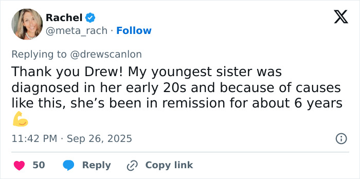 Tweet screenshot showing a user thanking Drew and sharing a personal health remission story related to a sister in her early 20s. Tweet screenshot showing a user thanking Drew and sharing a personal health remission story related to a sister in her early 20s.