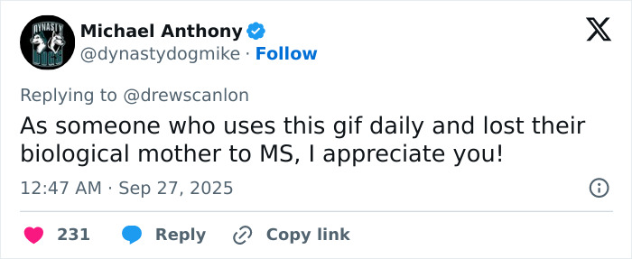 Michael Anthony replying to a tweet about the blinking guy GIF, expressing gratitude and sharing a personal loss. Michael Anthony replying to a tweet about the blinking guy GIF, expressing gratitude and sharing a personal loss.