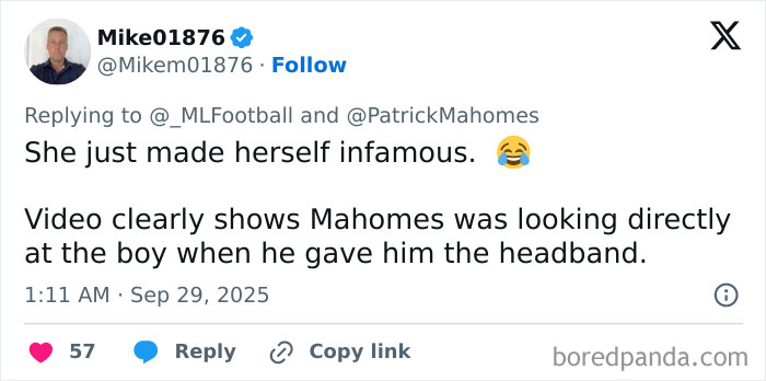 Twitter reply from user Mike01876 discussing Kansas City Karen incident involving a headband and Patrick Mahomes. Twitter reply from user Mike01876 discussing Kansas City Karen incident involving a headband and Patrick Mahomes.
