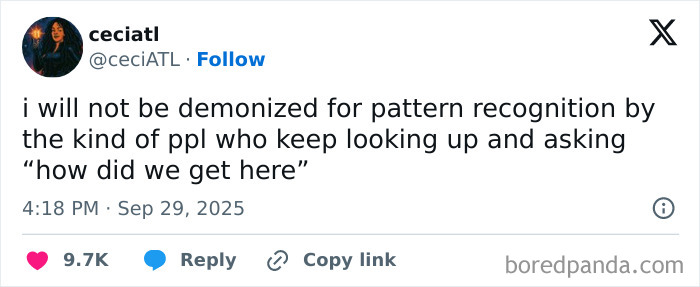 Tweet by @ceciATL discussing pattern recognition and questioning how dystopic society has become in a troubling social context.