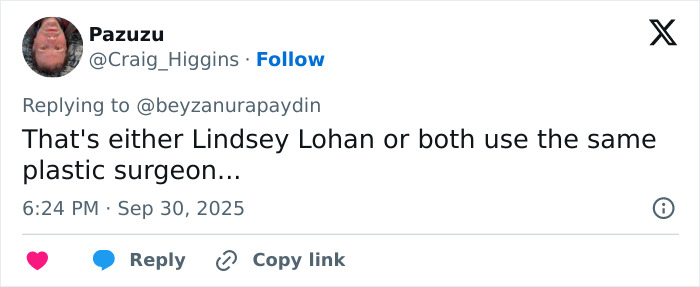 Tweet discussing plastic surgery speculation comparing Lindsey Lohan and another celebrity in a casual social media reply. Tweet discussing plastic surgery speculation comparing Lindsey Lohan and another celebrity in a casual social media reply.