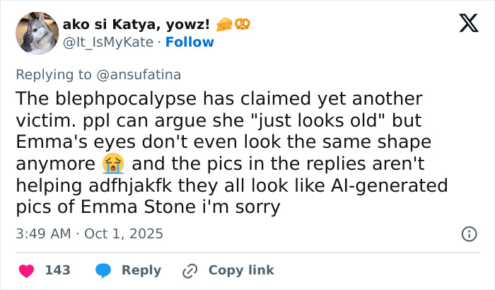 Tweet discussing Emma Stone Louis Vuitton photos sparking plastic surgery speculation with comments on eye shape changes. Tweet discussing Emma Stone Louis Vuitton photos sparking plastic surgery speculation with comments on eye shape changes.