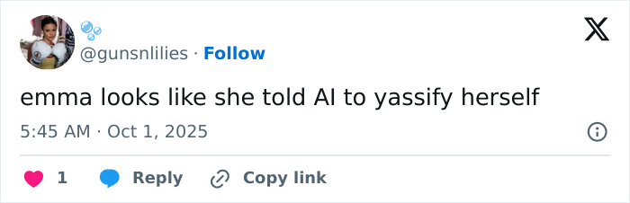 Screenshot of a tweet mentioning Emma Stone and plastic surgery speculation sparked by Louis Vuitton photos. Screenshot of a tweet mentioning Emma Stone and plastic surgery speculation sparked by Louis Vuitton photos.