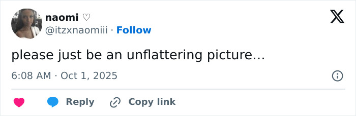 Twitter post by user naomi expressing hope the picture is unflattering amid Emma Stone Louis Vuitton plastic surgery speculation. Twitter post by user naomi expressing hope the picture is unflattering amid Emma Stone Louis Vuitton plastic surgery speculation.