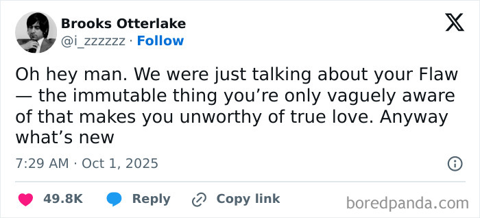 Tweet by Brooks Otterlake humorously discussing a flaw making someone unworthy of true love, part of Netflix gotta add a comment section.