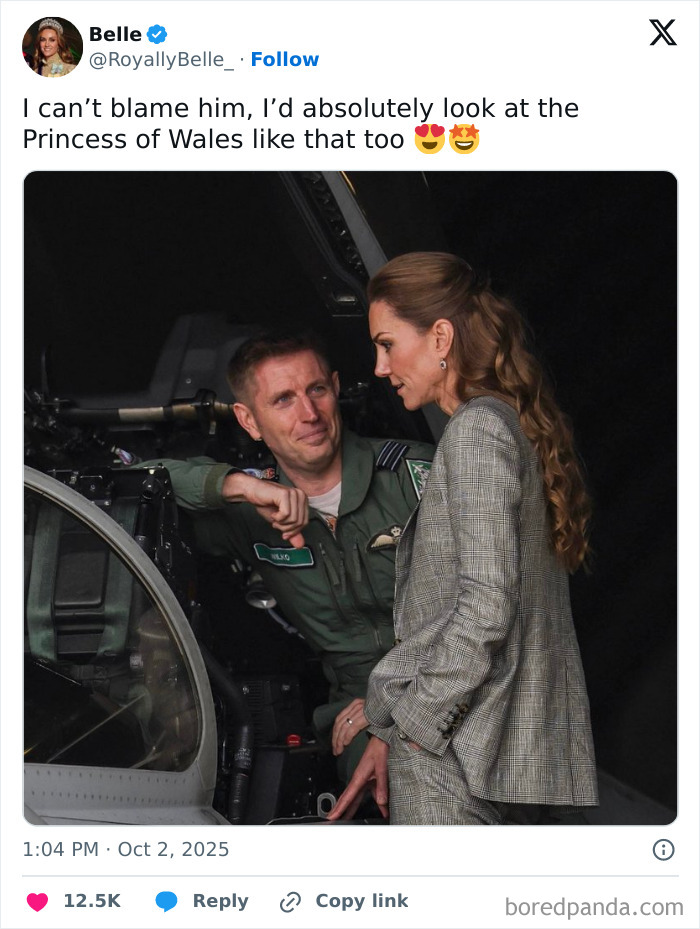 Servicemen seemingly checking out Kate Middleton as she talks to a pilot inside a military aircraft. Servicemen seemingly checking out Kate Middleton as she talks to a pilot inside a military aircraft.